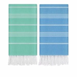 Elegant Set Of 2; 1 Green & 1 Blue Striped Turkish Cotton BeachTowels w/Fringe